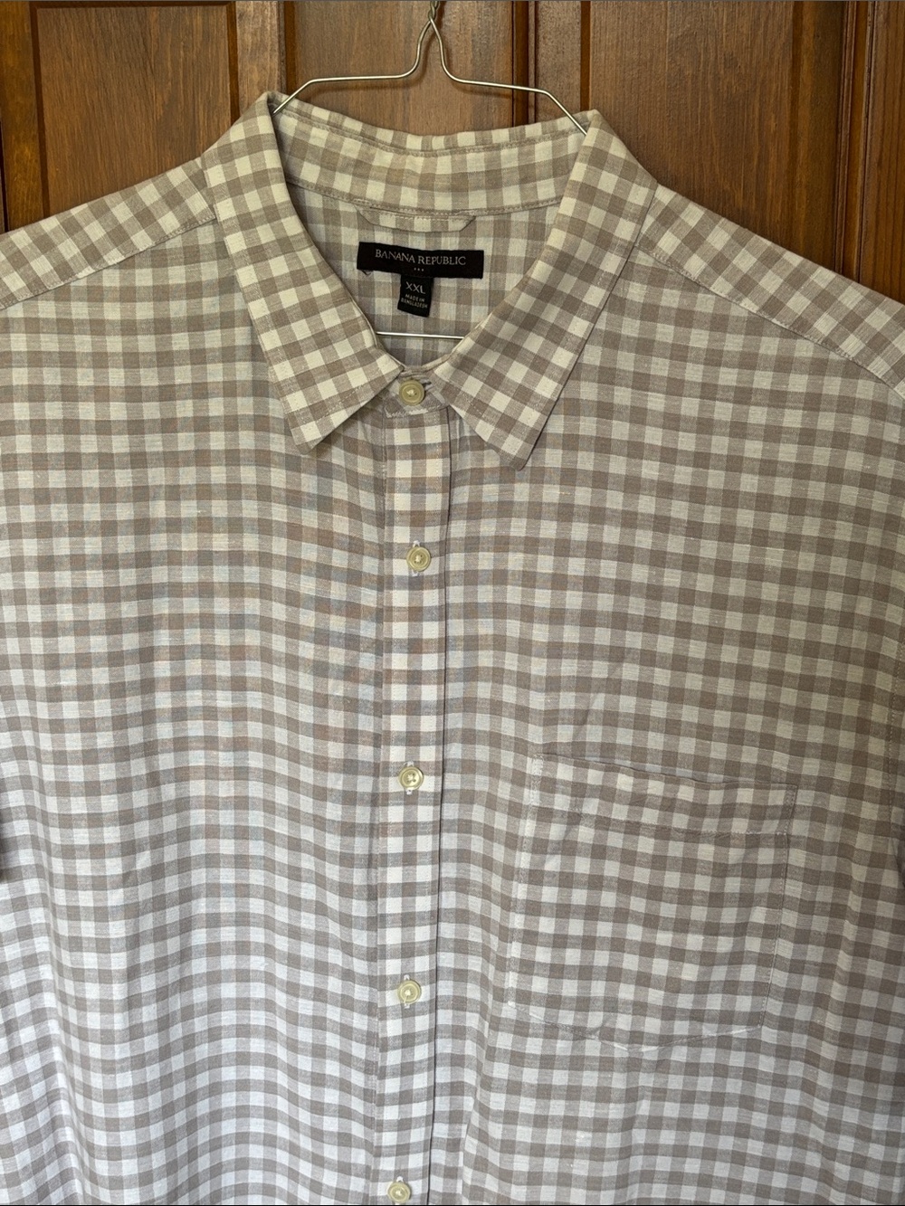 Banana Republic Men's Short-Sleeve Checked Button-Up Shirt Light Tan/White XXL - Picture 2 of 6